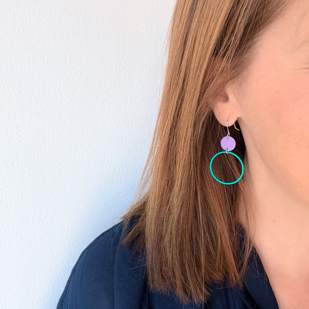 Erica earrings in lilac and turquoise shown on
