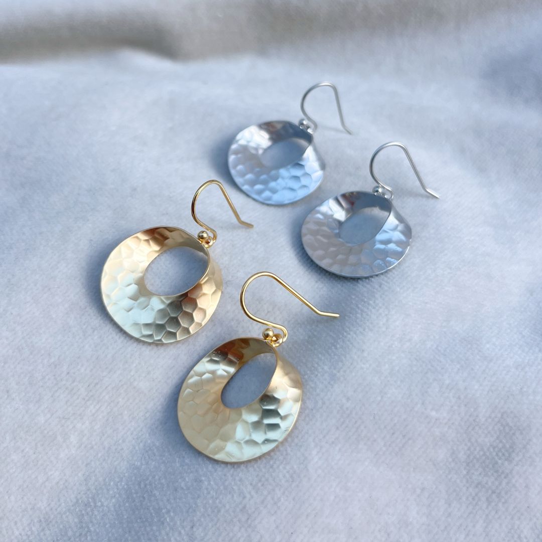 Hammered curl earrings in silver and gold