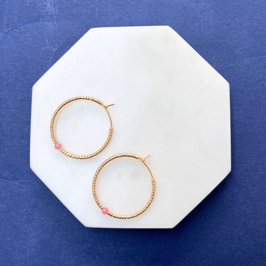 NEW! BEADED HOOP EARRINGS - SEMI-PRECIOUS STONES