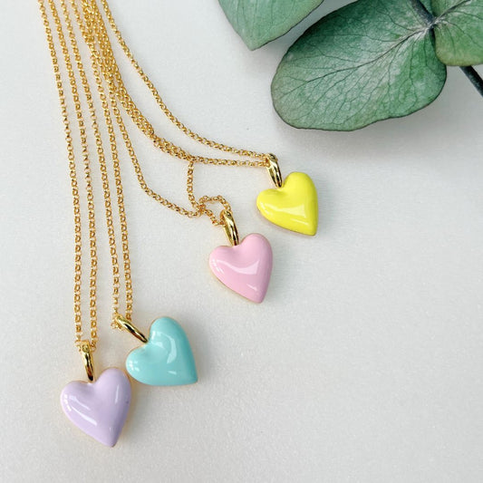 Enamel heart necklaces on a gold-filled chain