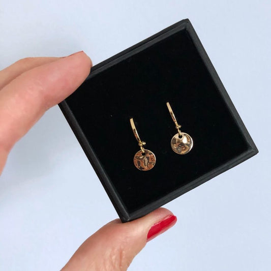 Mini hoop earrings shown in gift box - gold hammered discs