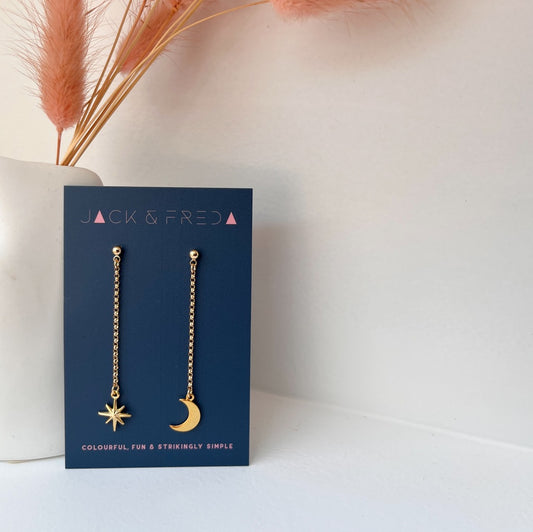 Star and moon chain drop earrings