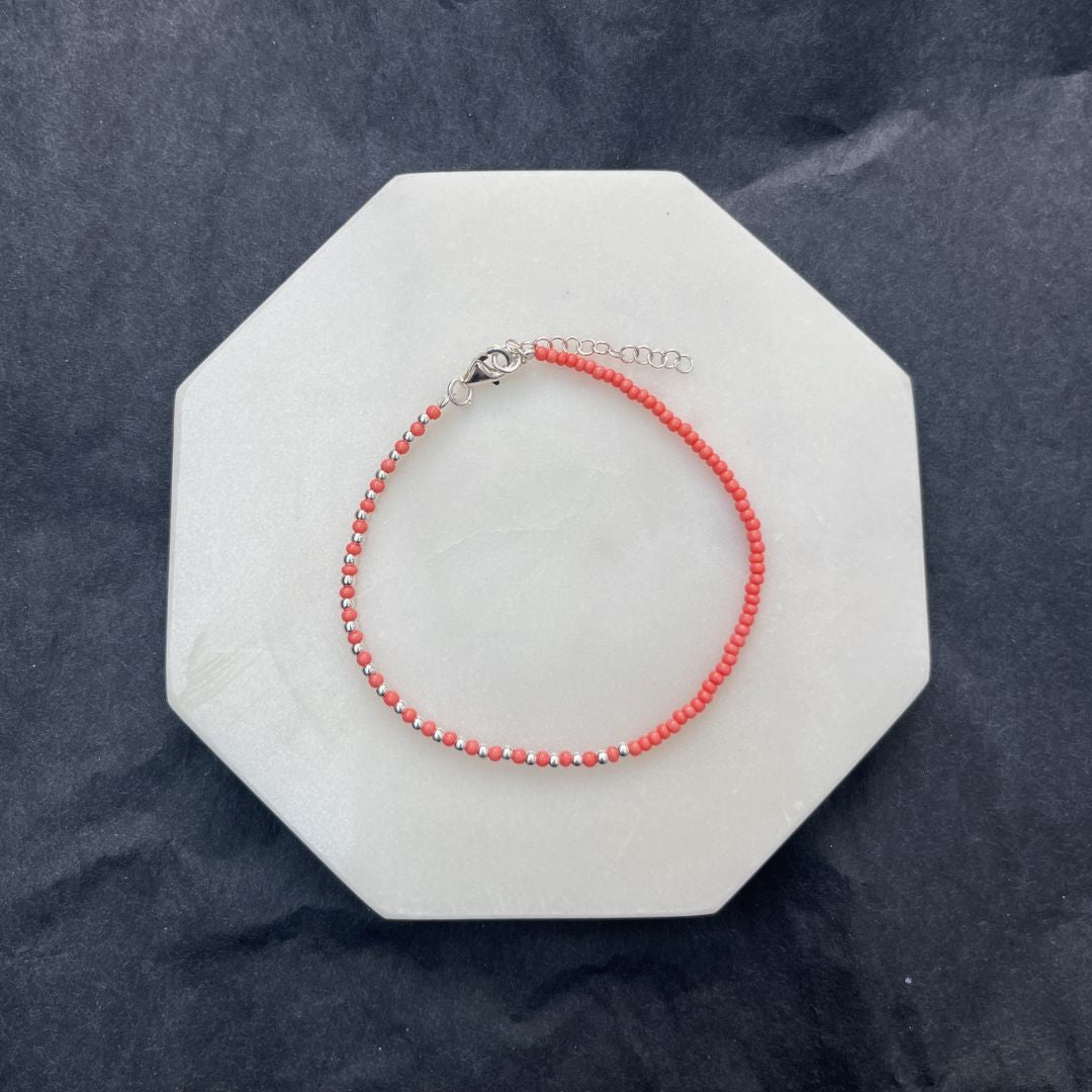 Sterling silver and coral seed bead bracelet