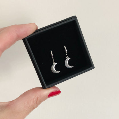 Silver mini hoop earrings with rhodium plated moon charms