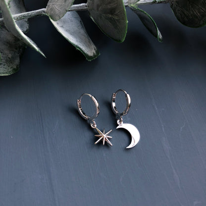 Mismatched star and moon mini hoops