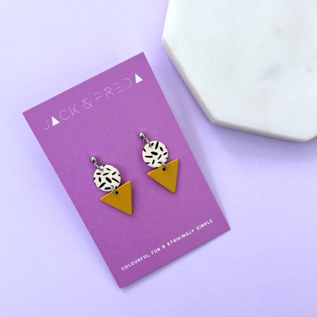Mini Memphis earrings in mustard with silver ball studs