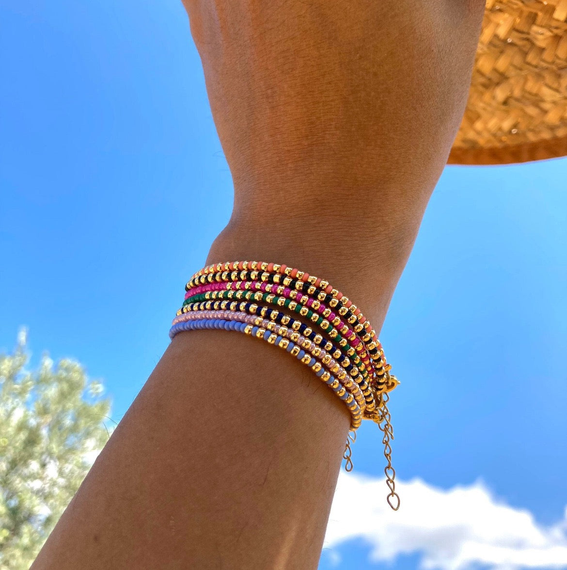 Seed bead bracelets shown on wrist